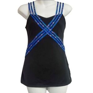 Be Up Black Tank Top with Blue Strappy‎ Criss-Cross Design Workout Yoga Fitness